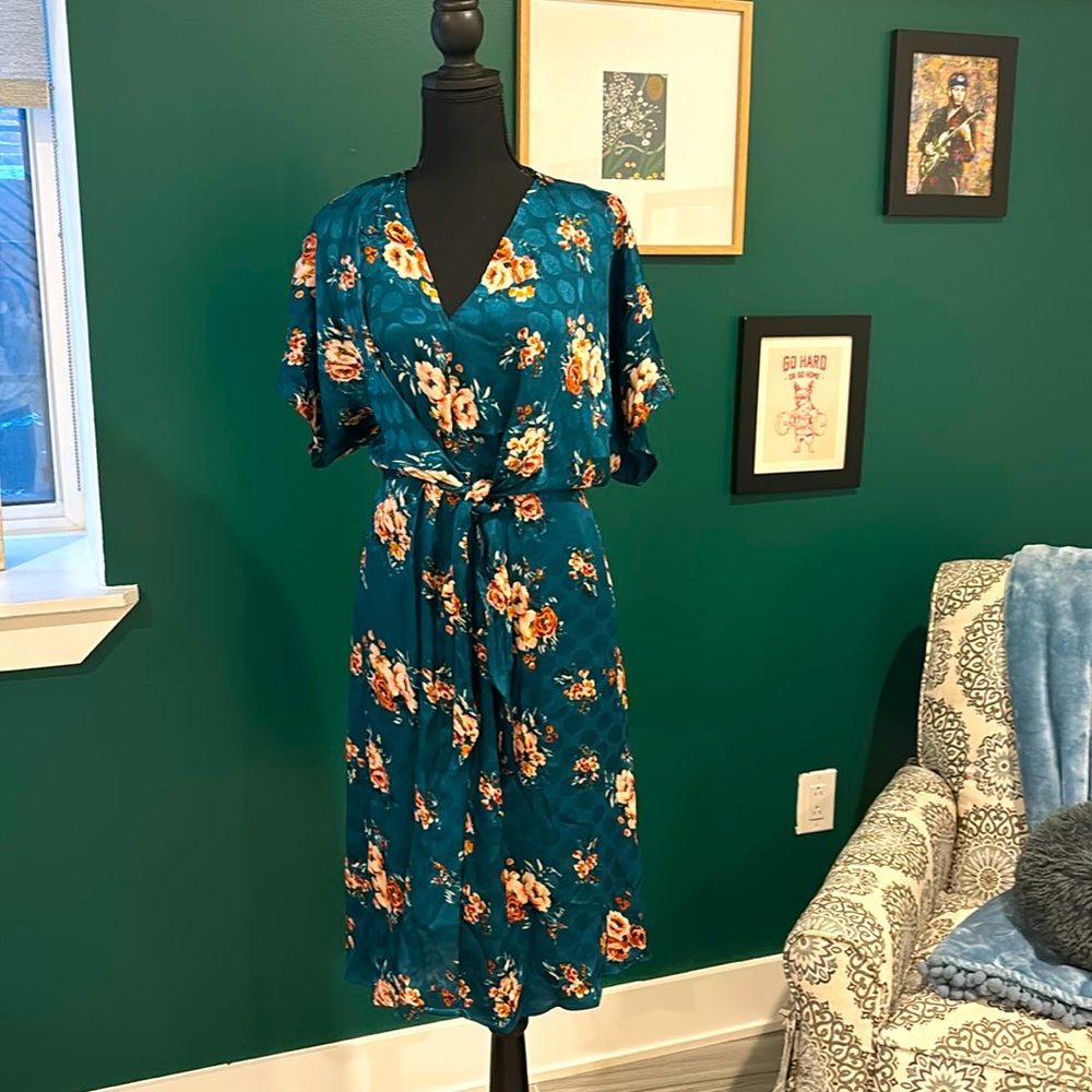 Teal Floral Silk Dress